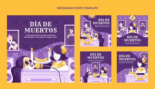Vector handgetekende platte dia de muertos instagram posts collectie