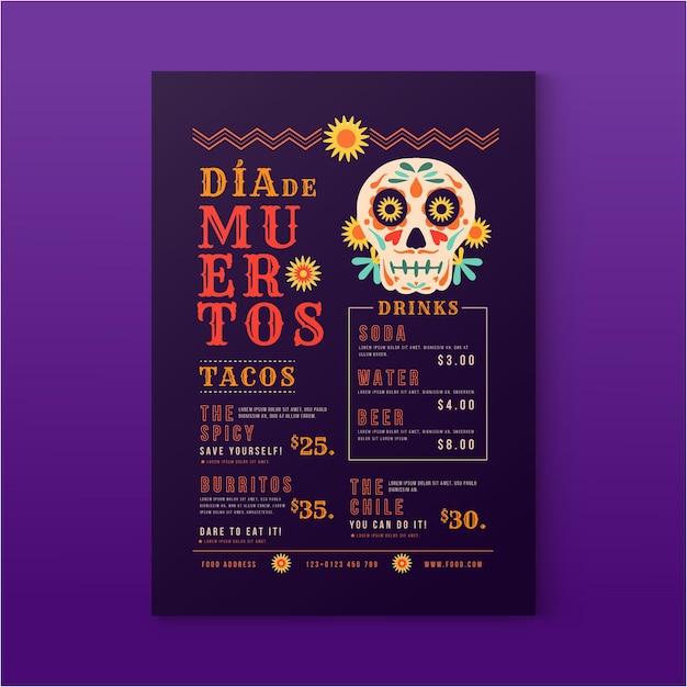 Handgetekende platte dia de muertos menusjabloon