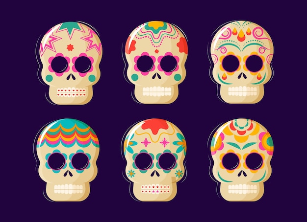 Vector handgetekende platte dia de muertos schedels collectie