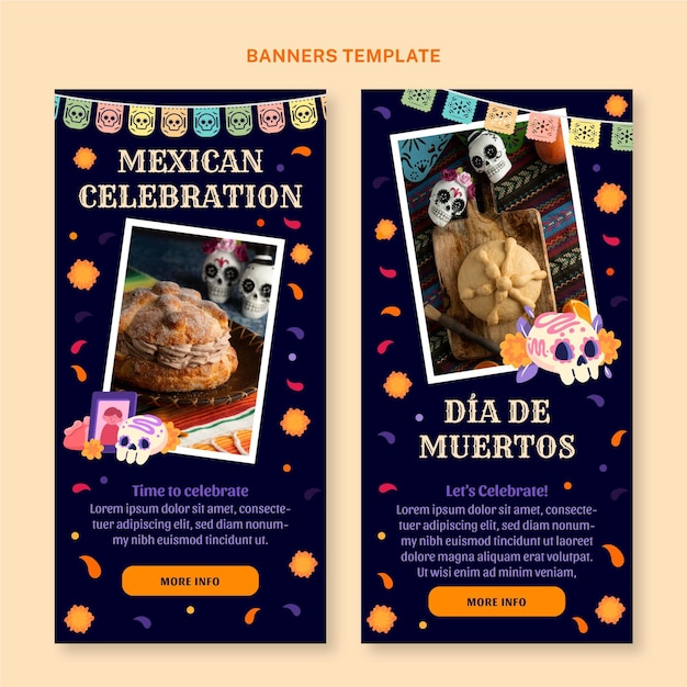 Vector handgetekende platte dia de muertos verticale banners set