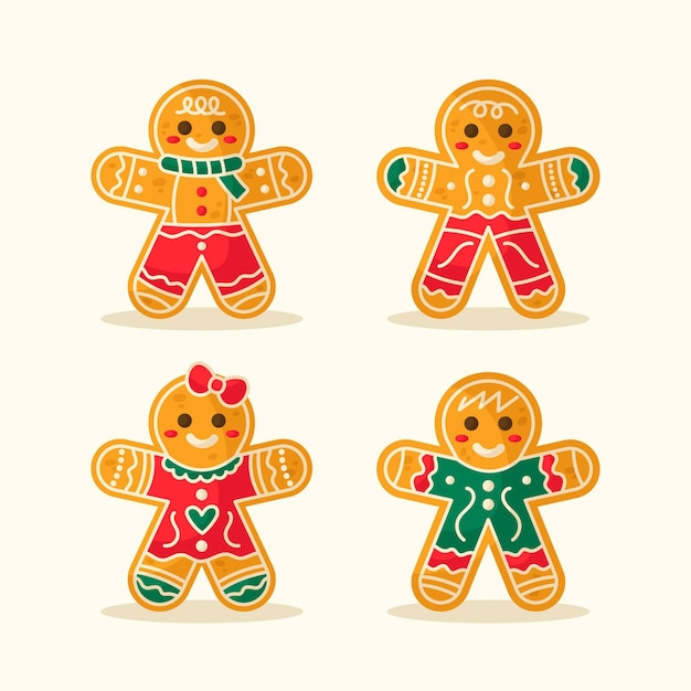 Vector handgetekende platte gingerbread man cookies collectie