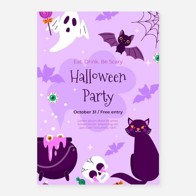 Handgetekende platte halloween-feest verticale postersjabloon