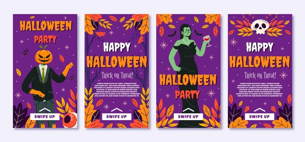 Vector handgetekende platte halloween instagram verhalencollectie