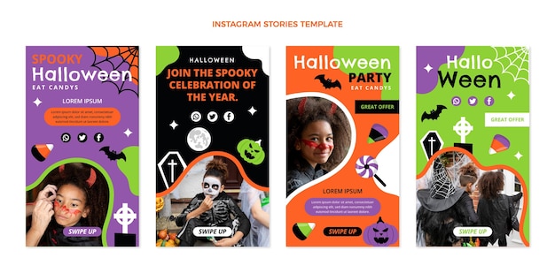 Vector handgetekende platte halloween instagram verhalencollectie