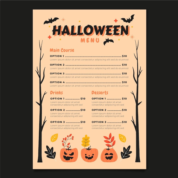 Vector handgetekende platte halloween menusjabloon