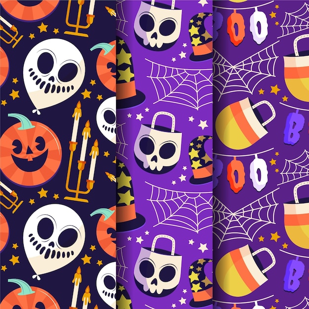 Vector handgetekende platte halloween-patronencollectie