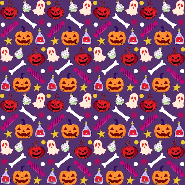 Handgetekende platte halloween-patronencollectie