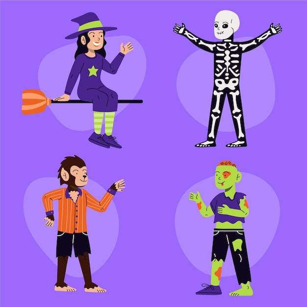 Vector handgetekende platte halloween-personagescollectie