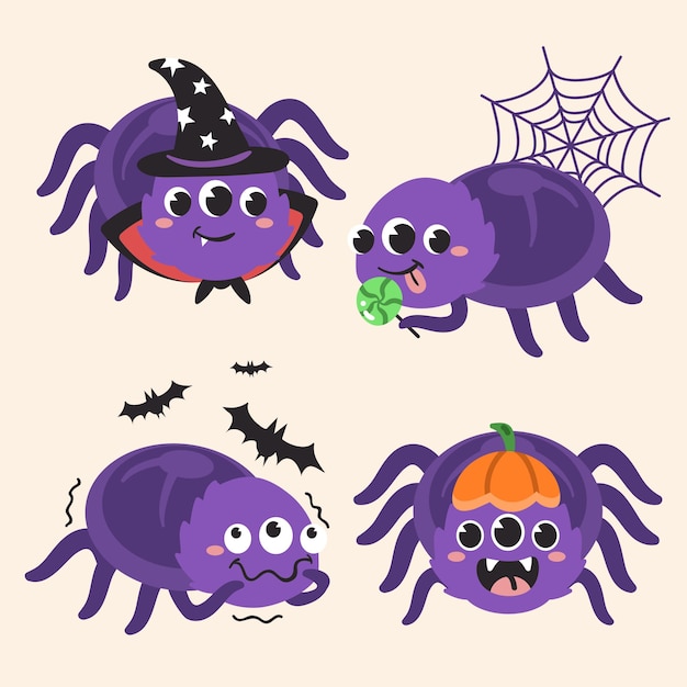 Vector handgetekende platte halloween-spinnencollectie