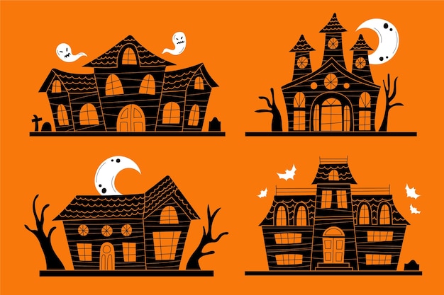 Vector handgetekende platte halloween spookhuizen collectie