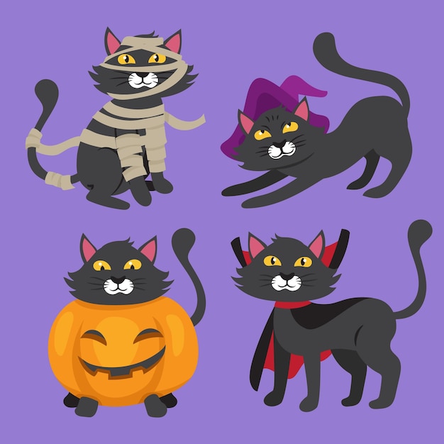 Handgetekende platte halloween zwarte katten-collectie