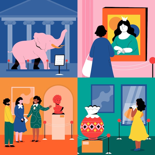 Handgetekende platte illustratieset voor de Internationale Museumdag