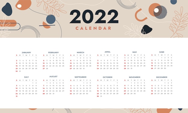 Handgetekende platte kalendersjabloon voor 2022
