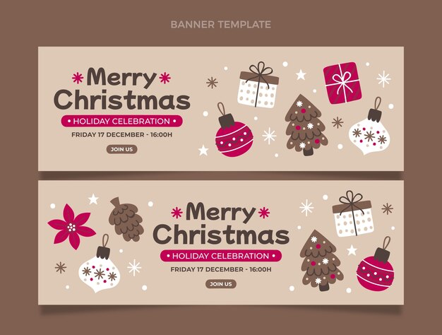 Handgetekende platte kerst horizontale banners set