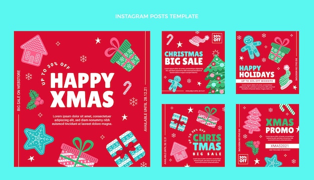 Handgetekende platte kerst instagram posts collectie