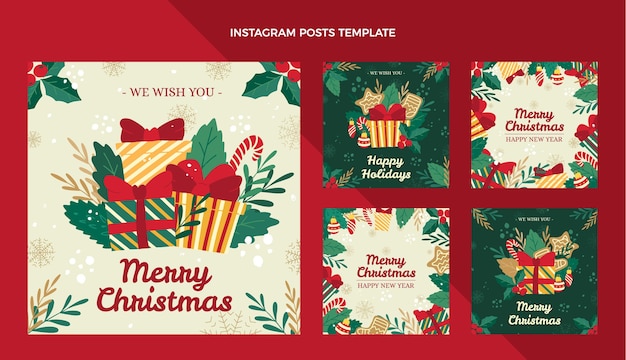 Vector handgetekende platte kerst instagram posts collectie