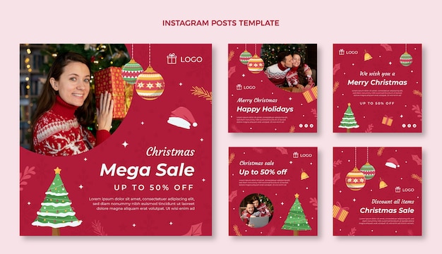 Vector handgetekende platte kerst instagram posts collectie