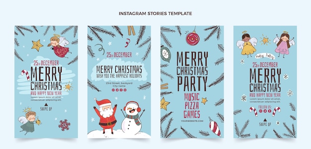 Vector handgetekende platte kerst instagram verhalencollectie