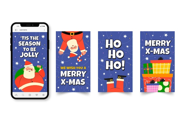 Vector handgetekende platte kerst instagram verhalencollectie