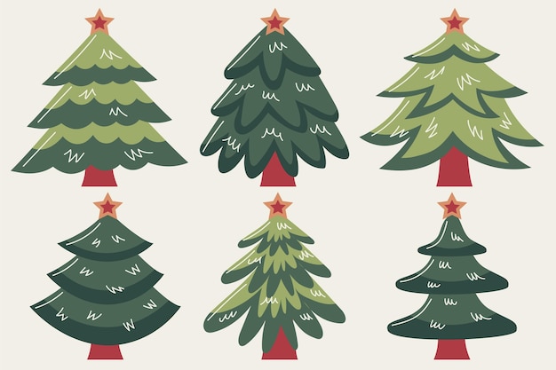 Vector handgetekende platte kerstbomen collectie