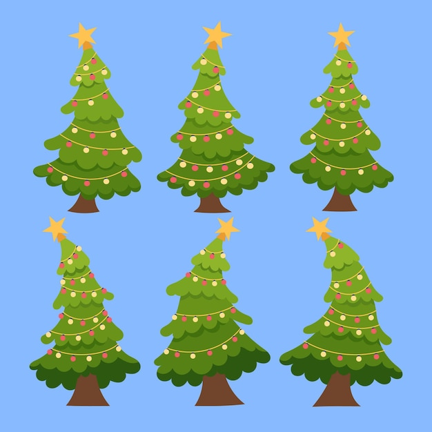 Vector handgetekende platte kerstbomen collectie