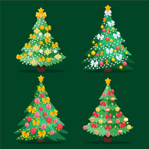 Vector handgetekende platte kerstbomen collectie