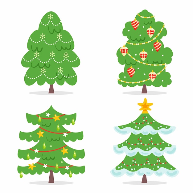 Vector handgetekende platte kerstbomen collectie