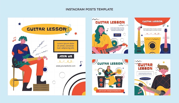 Vector handgetekende platte ontwerp gitaarlessen instagram post