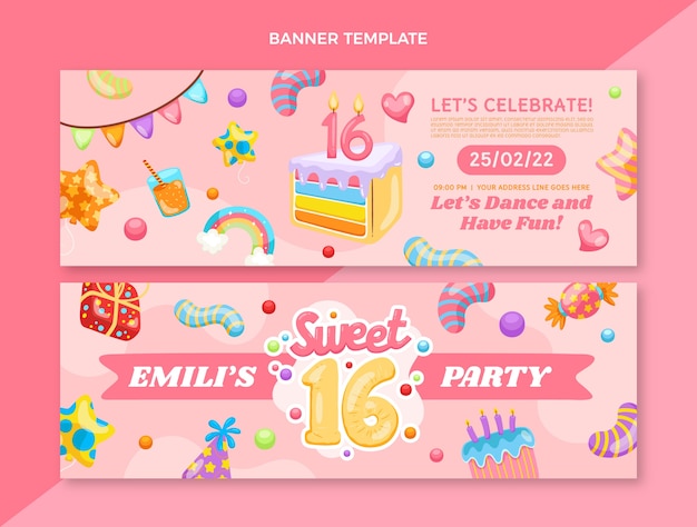 Vector handgetekende platte ontwerpsjabloon sweet 16