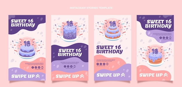 Vector handgetekende platte ontwerpsjabloon sweet 16