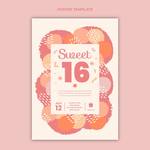 Handgetekende platte ontwerpsjabloon sweet 16