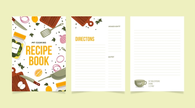 Vector handgetekende platte ontwerpsjabloon voor receptenboek