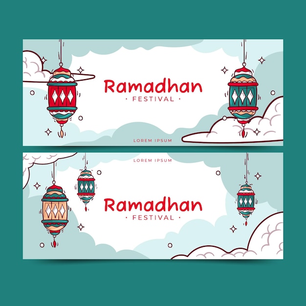 Handgetekende platte ramadan horizontale bannersjabloon