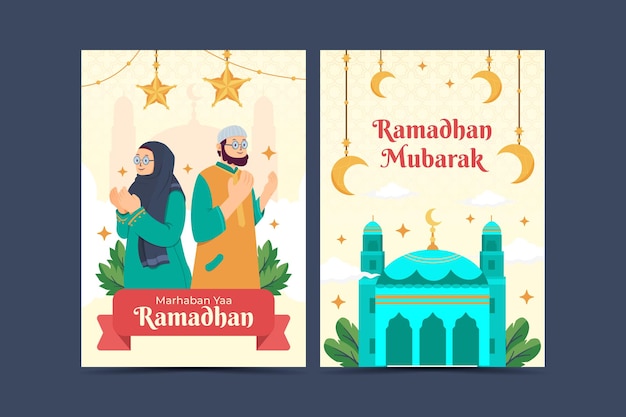 Vector handgetekende platte ramadankaarten