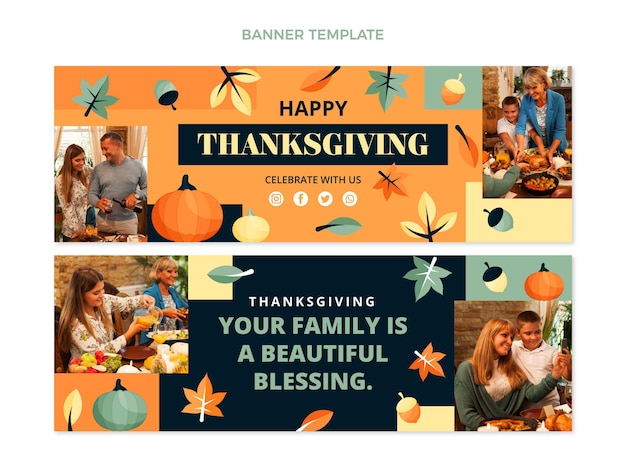 Vector handgetekende platte thanksgiving horizontale banners set