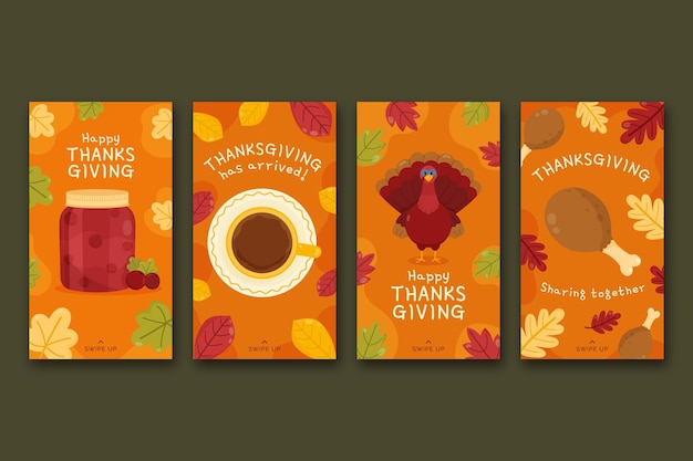 Vector handgetekende platte thanksgiving instagram-verhalencollectie