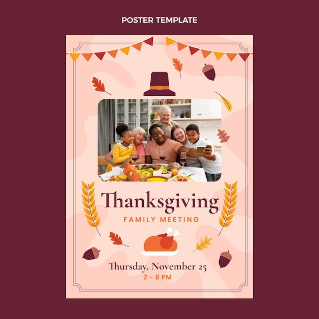 Handgetekende platte thanksgiving verticale postersjabloon