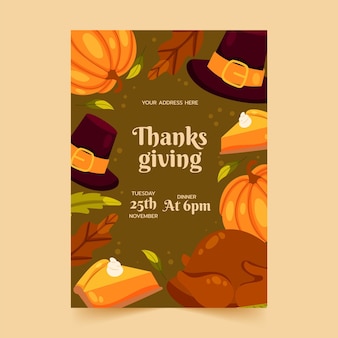 Handgetekende platte thanksgiving verticale postersjabloon