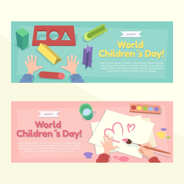 Vector handgetekende platte wereld kinderdag horizontale banners set