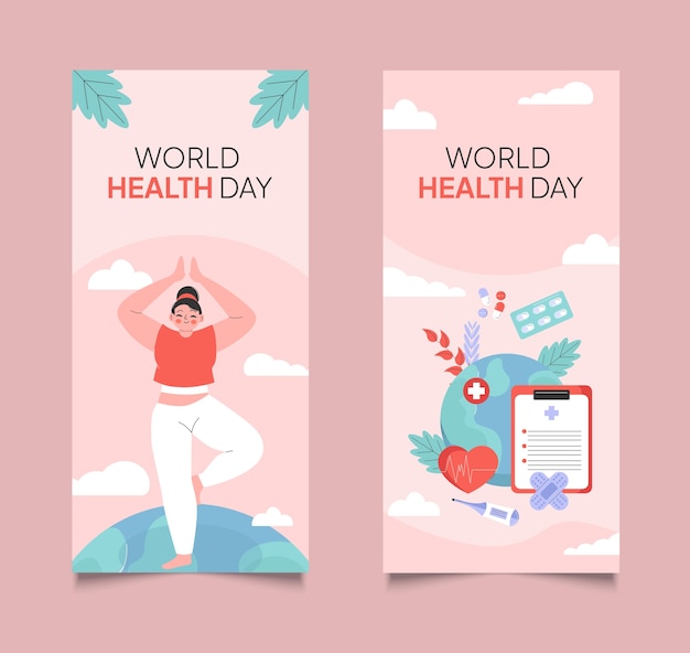 Handgetekende platte wereldgezondheidsdag verticale banner sjabloon set collectie