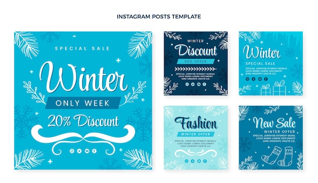 Handgetekende platte winter instagram posts collectie