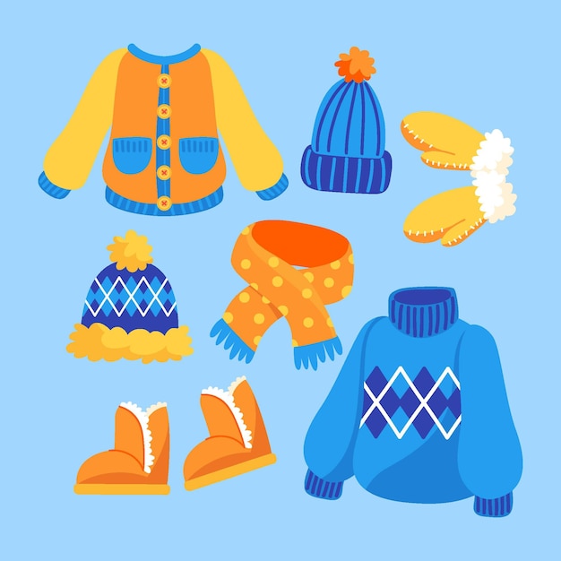 Handgetekende platte winterkleding en essentials-collectie