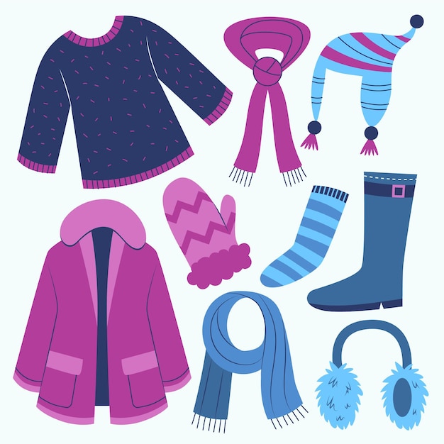 Handgetekende platte winterkleding en essentials-collectie