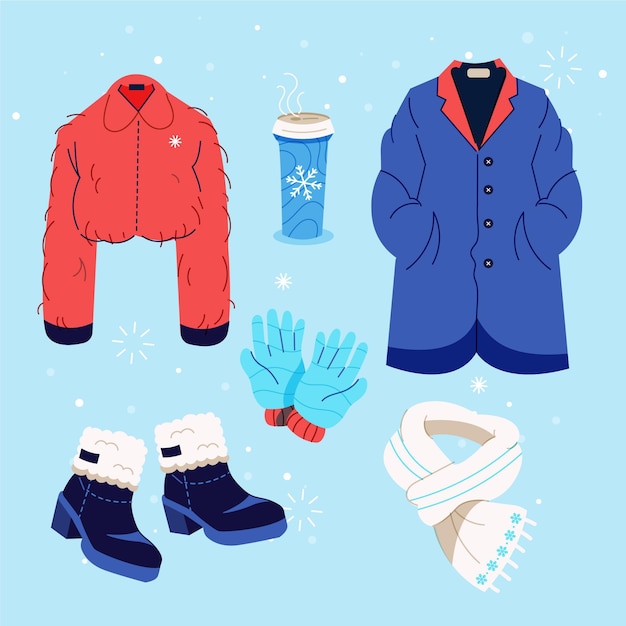 Handgetekende platte winterkleding en essentials-collectie