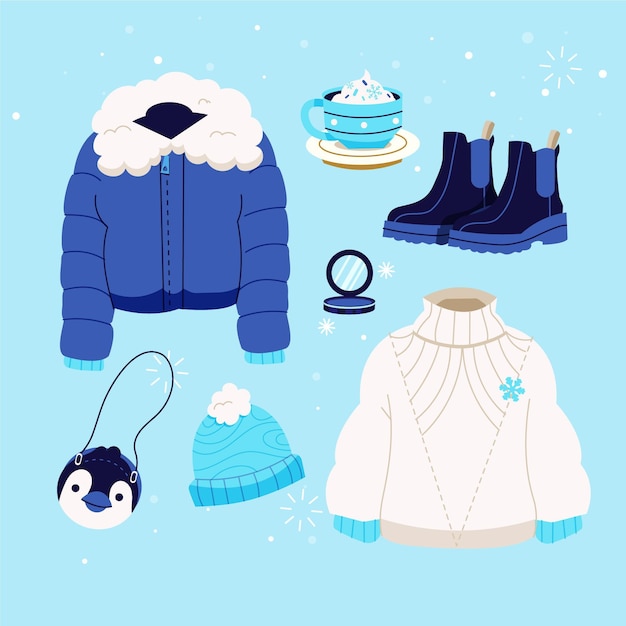 Vector handgetekende platte winterkleding en essentials-collectie