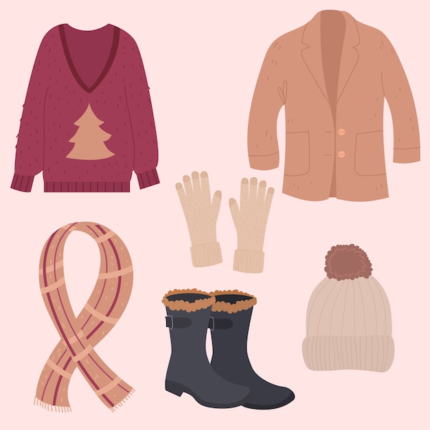 Vector handgetekende platte winterkleding en essentials-collectie