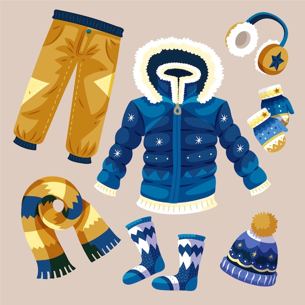 Vector handgetekende platte winterkleding en essentials-collectie