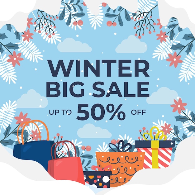 Handgetekende platte winteruitverkoopillustratie met geschenken