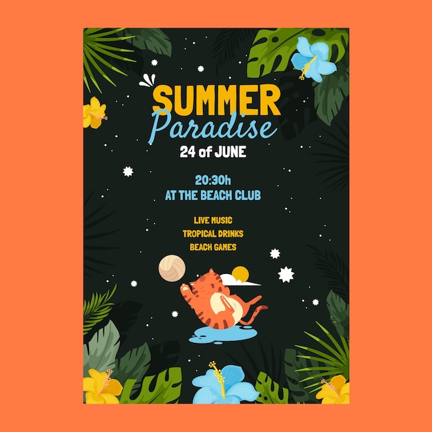 Vector handgetekende platte zomerfeest flyer of poster