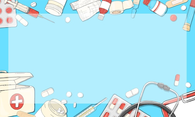 Handgetekende poster met medische benodigdheden en medicijnen en een plek voor uw tekst
